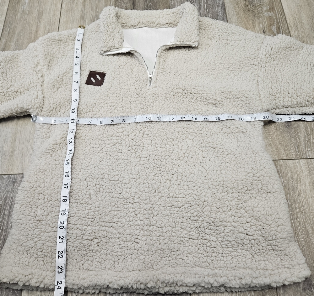 Boutique Quarter Zip Sherpa Pull Over Sweater Beige Cream Women's Medium Cozy - Picture 2 of 6